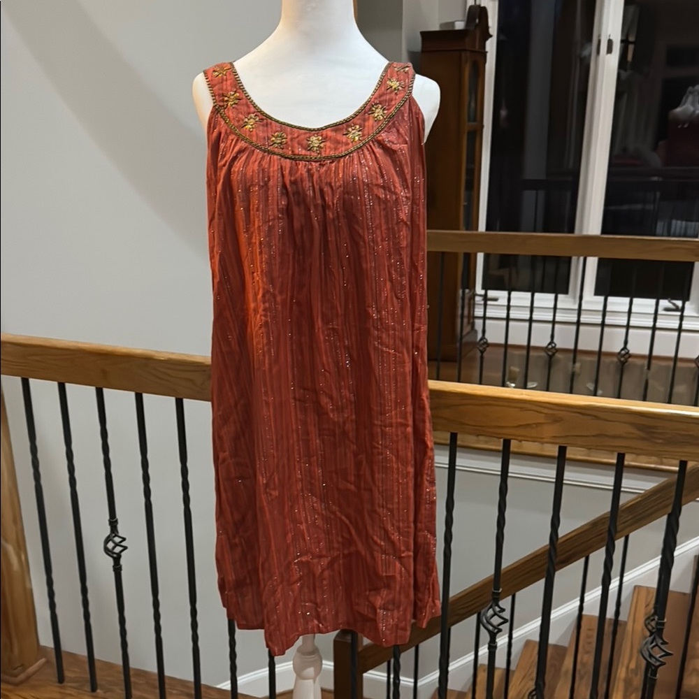 Anthropologie Chaudry Rust burnt orange beaded sleeveless boho dress - Picture 2 of 7